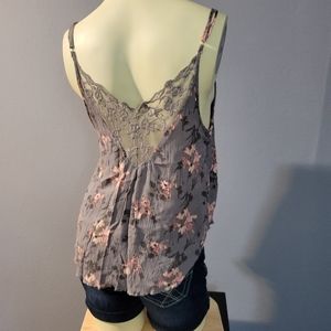 Self Esteem Purplish Gray Floral Lace Double V-Neck Cami Tank Top